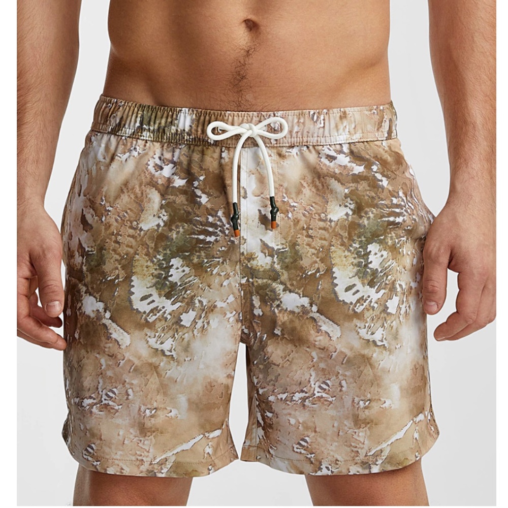 Green and brown camo foliage recycled fiber stretch swim trunk NWT